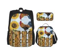 vacsAX Animal Rhino Zaino impermeabile leggero (set da 3 pezzi) con borsa per il pranzo, astuccio per ufficio e scuola, Gallo Girasole Vintage, Taglia unica
