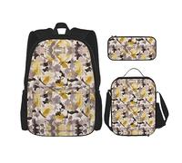 vacsAX Animal Rhino Zaino impermeabile leggero (set da 3 pezzi) con borsa per il pranzo, astuccio per ufficio e scuola, Fiore Grigio Giallo, Taglia unica