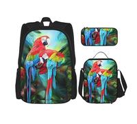 vacsAX Animal Rhino Zaino impermeabile leggero (set da 3 pezzi) con borsa per il pranzo, astuccio per ufficio e scuola, Due pappagalli colorati, Taglia unica