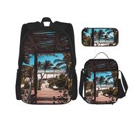 vacsAX Beauty Daisy - Zaino impermeabile leggero (set da 3 pezzi) con borsa per il pranzo, astuccio per ufficio e scuola, Spiaggia Palme, Taglia unica