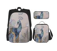 vacsAX Beauty Daisy - Zaino impermeabile leggero (set da 3 pezzi) con borsa per il pranzo, astuccio per ufficio e scuola, Bellissimo pavone., Taglia unica