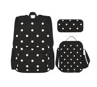 vacsAX Cute Monkey - Zaino impermeabile leggero (set da 3 pezzi) con borsa per il pranzo, astuccio per ufficio e scuola, A pois bianchi e neri, Taglia unica
