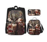 vacsAX Elegante zaino impermeabile con delfino (set da 3 pezzi) con borsa per il pranzo, astuccio per ufficio e scuola, Stagione di caccia dei cervi, Taglia unica