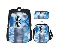 vacsAX Elegante zaino impermeabile con delfino (set da 3 pezzi) con borsa per il pranzo, astuccio per ufficio e scuola, Simpatici pinguini che scattano foto, Taglia unica