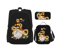vacsAX Gotico Happy Halloween zaino impermeabile leggero (set da 3 pezzi) con borsa per il pranzo, astuccio per ufficio scuola, Gnome Bee Giallo Floreale, Taglia unica, moderno