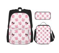 vacsAX Helm of awe - Zaino impermeabile leggero (set da 3 pezzi) con borsa per il pranzo, astuccio per ufficio e scuola, Divertente muso di maialino rosa., Taglia unica