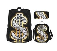 vacsAX Isola con spiaggia di sabbia e palme zaino leggero impermeabile (set da 3 pezzi) con borsa per il pranzo, astuccio per ufficio scuola, Segno del dollaro d'oro, Taglia unica