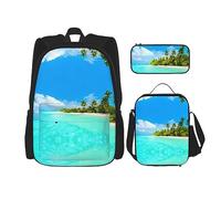 vacsAX Isola con spiaggia di sabbia e palme zaino leggero impermeabile (set da 3 pezzi) con borsa per il pranzo, astuccio per ufficio scuola, isola con spiaggia sabbiosa e palma, Taglia unica