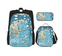 vacsAX Isola con spiaggia di sabbia e palme zaino leggero impermeabile (set da 3 pezzi) con borsa per il pranzo, astuccio per ufficio scuola, Mappa Grecia, Taglia unica, moderno