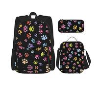 vacsAX Pawful Paws - Zaino leggero impermeabile (set da 3 pezzi) con borsa per il pranzo, astuccio per ufficio e scuola, Stampa zampette, Taglia unica, moderno