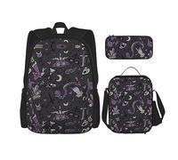 vacsAX Pawful Paws - Zaino leggero impermeabile (set da 3 pezzi) con borsa per il pranzo, astuccio per ufficio e scuola, Viola Nero Goth Spooky, Taglia unica