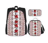 vacsAX Pawful Paws - Zaino leggero impermeabile (set da 3 pezzi) con borsa per il pranzo, astuccio per ufficio e scuola, Ricamo ucraino Stile Rosa, Taglia unica