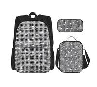 vacsAX Pawful Paws - Zaino leggero impermeabile (set da 3 pezzi) con borsa per il pranzo, astuccio per ufficio e scuola, Motivo scintillante con paillettes argentate, Taglia unica