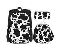 vacsAX Pawful Paws - Zaino leggero impermeabile (set da 3 pezzi) con borsa per il pranzo, astuccio per ufficio e scuola, Mucca bianca e nera., Taglia unica
