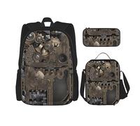 vacsAX Pawful Paws - Zaino leggero impermeabile (set da 3 pezzi) con borsa per il pranzo, astuccio per ufficio e scuola, Ingranaggi meccanici Steampunk, Taglia unica