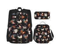 vacsAX Pawful Paws - Zaino leggero impermeabile (set da 3 pezzi) con borsa per il pranzo, astuccio per ufficio e scuola, Galli francesi, Taglia unica