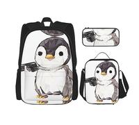 vacsAX Pawful Paws - Zaino leggero impermeabile (set da 3 pezzi) con borsa per il pranzo, astuccio per ufficio e scuola, Pinguino in stile cartone animato., Taglia unica