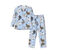 Vacsax Pigiama classico da uomo con cincillà blu e luna, camicia e pantaloni con bottoni, set di pigiama eleganti e resistenti per tutte le stagioni, Nero , L