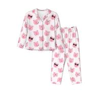 vacsAX Set pigiama da donna accogliente e traspirante, rilassati con stile con colletto classico e cintura elastica Happy Halloween Day, Divertente muso di maialino rosa., XL