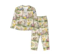 vacsAX Set pigiama da donna accogliente e traspirante, rilassati con stile con colletto classico e elastico in vita, colore: oro nero sabbia, Coniglietto di Pasqua con fiori vintage, M