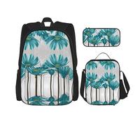 vacsAX Zainetto impermeabile leggero a righe bianche nere (set da 3 pezzi) con borsa per il pranzo, astuccio per ufficio scuola, Teal Grigio e Bianco Floreale, Taglia unica