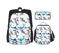 vacsAX Zainetto impermeabile leggero a righe bianche nere (set da 3 pezzi) con borsa per il pranzo, astuccio per ufficio scuola, Squali Cartoon, Taglia unica