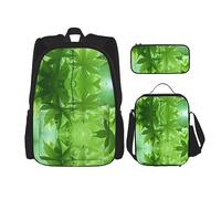 vacsAX Zainetto impermeabile leggero a righe bianche nere (set da 3 pezzi) con borsa per il pranzo, astuccio per ufficio scuola, Natura Foglia, Taglia unica