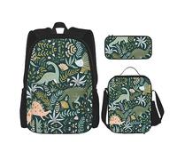 vacsAX Zainetto impermeabile leggero a righe bianche nere (set da 3 pezzi) con borsa per il pranzo, astuccio per ufficio scuola, Simpatico dinosauro., Taglia unica