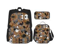 vacsAX Zainetto impermeabile leggero a righe bianche nere (set da 3 pezzi) con borsa per il pranzo, astuccio per ufficio scuola, Stampa di gallo e pollo, Taglia unica