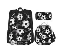 vacsAX Zainetto impermeabile leggero a righe bianche nere (set da 3 pezzi) con borsa per il pranzo, astuccio per ufficio scuola, Calcio nero., Taglia unica