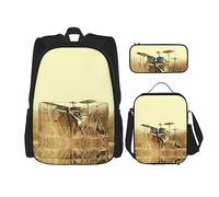 vacsAX Zainetto impermeabile leggero blu con farfalle stellate (set da 3 pezzi) con borsa per il pranzo, astuccio per ufficio e scuola, Musica Drum in Field, Taglia unica