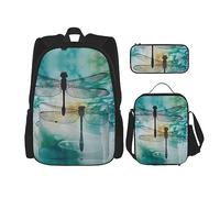 vacsAX Zainetto impermeabile leggero blu con farfalle stellate (set da 3 pezzi) con borsa per il pranzo, astuccio per ufficio e scuola, Libellula inchiostro, Taglia unica