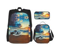 vacsAX Zainetto impermeabile leggero blu con stelle brillanti (set da 3 pezzi) con borsa per il pranzo, astuccio per ufficio e scuola, Spiaggia al tramonto, Taglia unica