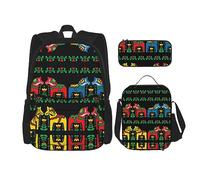 vacsAX Zainetto impermeabile leggero blu con stelle brillanti (set da 3 pezzi) con borsa per il pranzo, astuccio per ufficio e scuola, Corridore svedese Dala Cavallo Folk, Taglia unica
