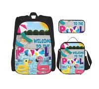 vacsAX Zainetto impermeabile leggero blu con stelle brillanti (set da 3 pezzi) con borsa per il pranzo, astuccio per ufficio e scuola, Fenicottero e piscina, Taglia unica