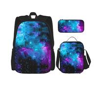 vacsAX Zainetto impermeabile leggero blu con stelle brillanti (set da 3 pezzi) con borsa per il pranzo, astuccio per ufficio e scuola, Cielo Stella Viola, Taglia unica