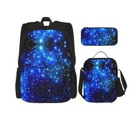vacsAX Zainetto impermeabile leggero blu con stelle brillanti (set da 3 pezzi) con borsa per il pranzo, astuccio per ufficio e scuola, Stelle splendenti blu, Taglia unica
