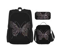 vacsAX Zainetto impermeabile leggero blu con stelle brillanti (set da 3 pezzi) con borsa per il pranzo, astuccio per ufficio e scuola, Farfalla fiorita, Taglia unica