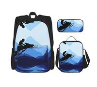 vacsAX Zainetto impermeabile leggero blu con stelle brillanti (set da 3 pezzi) con borsa per il pranzo, astuccio per ufficio e scuola, motoslitta., Taglia unica