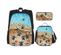 vacsAX Zainetto impermeabile leggero blu con stelle brillanti (set da 3 pezzi) con borsa per il pranzo, astuccio per ufficio e scuola, Tartarughe sulla spiaggia, Taglia unica