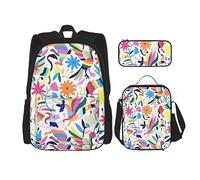 vacsAX Zainetto impermeabile leggero blu con stelle brillanti (set da 3 pezzi) con borsa per il pranzo, astuccio per ufficio e scuola, Animali messicani Otomi, Taglia unica