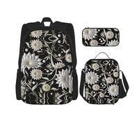 vacsAX Zaino impermeabile leggero (3 pezzi) con borsa per il pranzo, astuccio per ufficio e scuola, Foglie Flore, Taglia unica