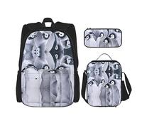 vacsAX Zaino impermeabile leggero a tema dinosauri (set da 3 pezzi) con borsa per il pranzo, astuccio per ufficio e scuola, Simpatico pinguino., Taglia unica
