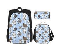vacsAX Zaino impermeabile leggero a tema dinosauri (set da 3 pezzi) con borsa per il pranzo, astuccio per ufficio e scuola, Cincillà blu e luna, Taglia unica