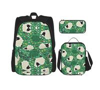 vacsAX Zaino impermeabile leggero con coniglietto bianco (set da 3 pezzi) con borsa per il pranzo, astuccio per ufficio e scuola, Carino Cartoon Pecora, Taglia unica