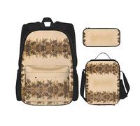 vacsAX Zaino impermeabile leggero con fiori viola e foglia di tè (set da 3 pezzi) con borsa per il pranzo, astuccio per ufficio e scuola, Bordo del cono di pino, Taglia unica
