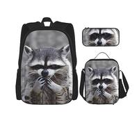 vacsAX Zaino impermeabile leggero con gufo volante (set da 3 pezzi) con borsa per il pranzo, astuccio per ufficio e scuola, Simpatico procione, Taglia unica