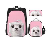 vacsAX Zaino impermeabile leggero con motivo cane maltese (set da 3 pezzi) con borsa per il pranzo, astuccio per ufficio e scuola, Adorabile cane maltese, Taglia unica