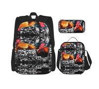 vacsAX Zaino impermeabile leggero con motivo galassia colorata (3 pezzi) con borsa per il pranzo, astuccio per ufficio e scuola, Gallo di pollo, Taglia unica