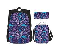 vacsAX Zaino impermeabile leggero con stelle arcobaleno colorate (set da 3 pezzi) con borsa per il pranzo, astuccio per ufficio e scuola, Dinosauro cartone animato., Taglia unica